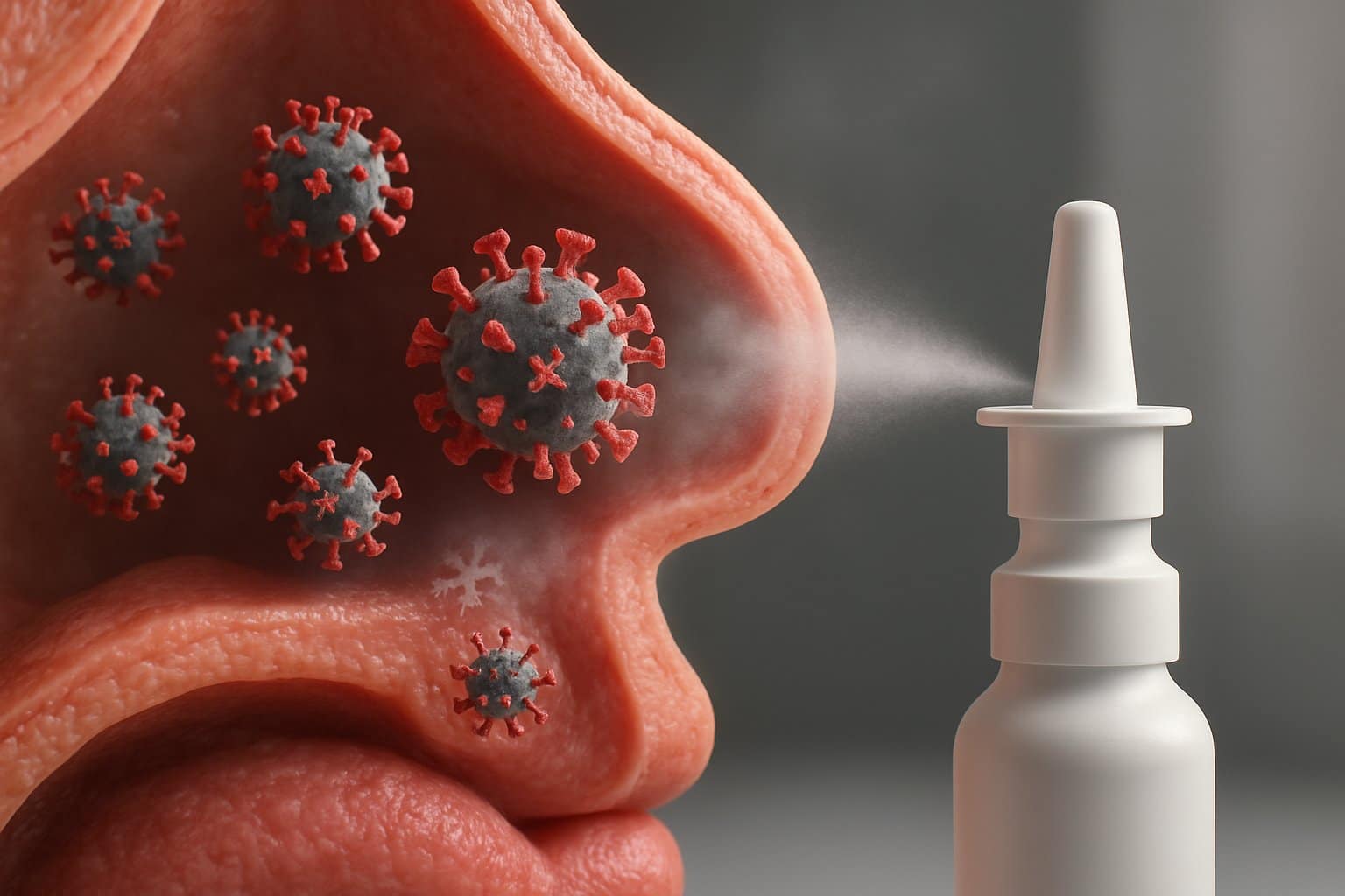 Close-up cross-sectional view of the human nasal cavity showing antiviral action with a nasal spray mist targeting virus particles.