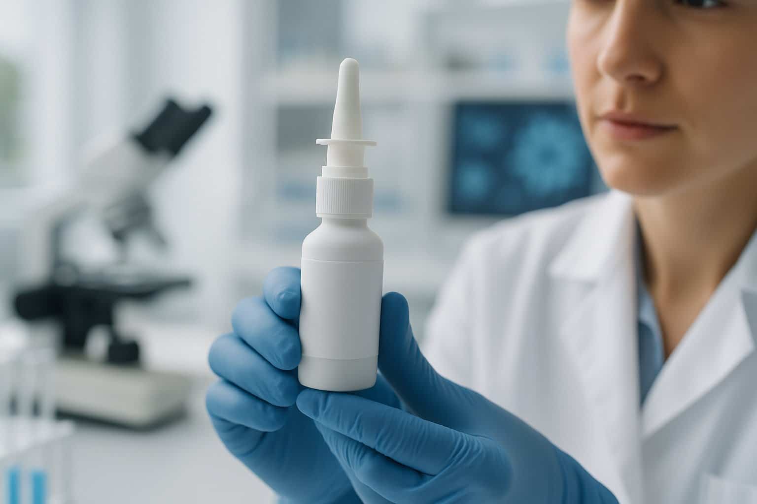 A healthcare professional holding a nasal spray bottle in a modern laboratory setting focused on virus prevention.