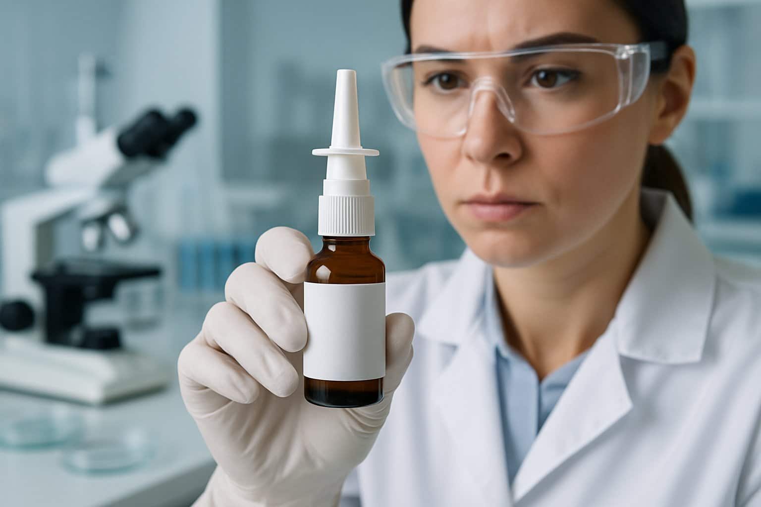 A healthcare professional in a lab coat holding a nasal spray bottle in a laboratory setting with scientific equipment in the background.