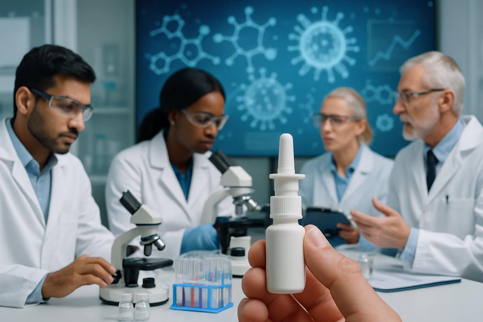 Researchers in a laboratory examining samples and data, with a nasal spray bottle and scientific equipment visible, representing clinical trial testing for infection prevention.