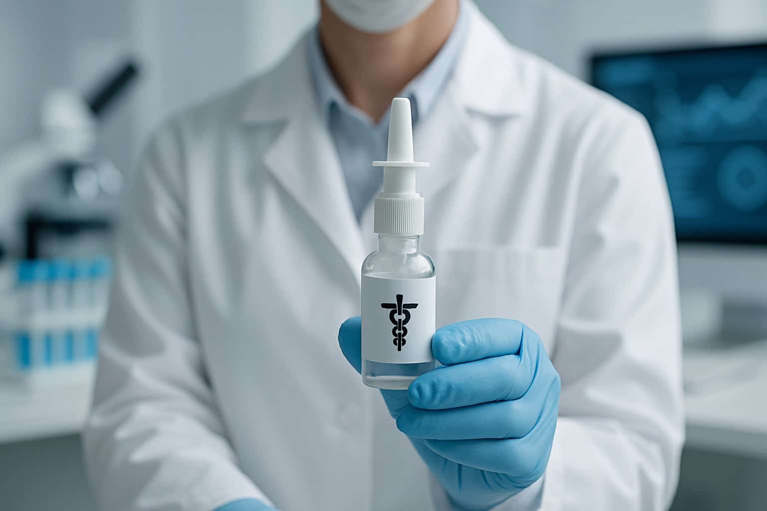 A healthcare professional in a lab coat holding a nasal spray bottle in a laboratory setting with blurred scientific equipment in the background.