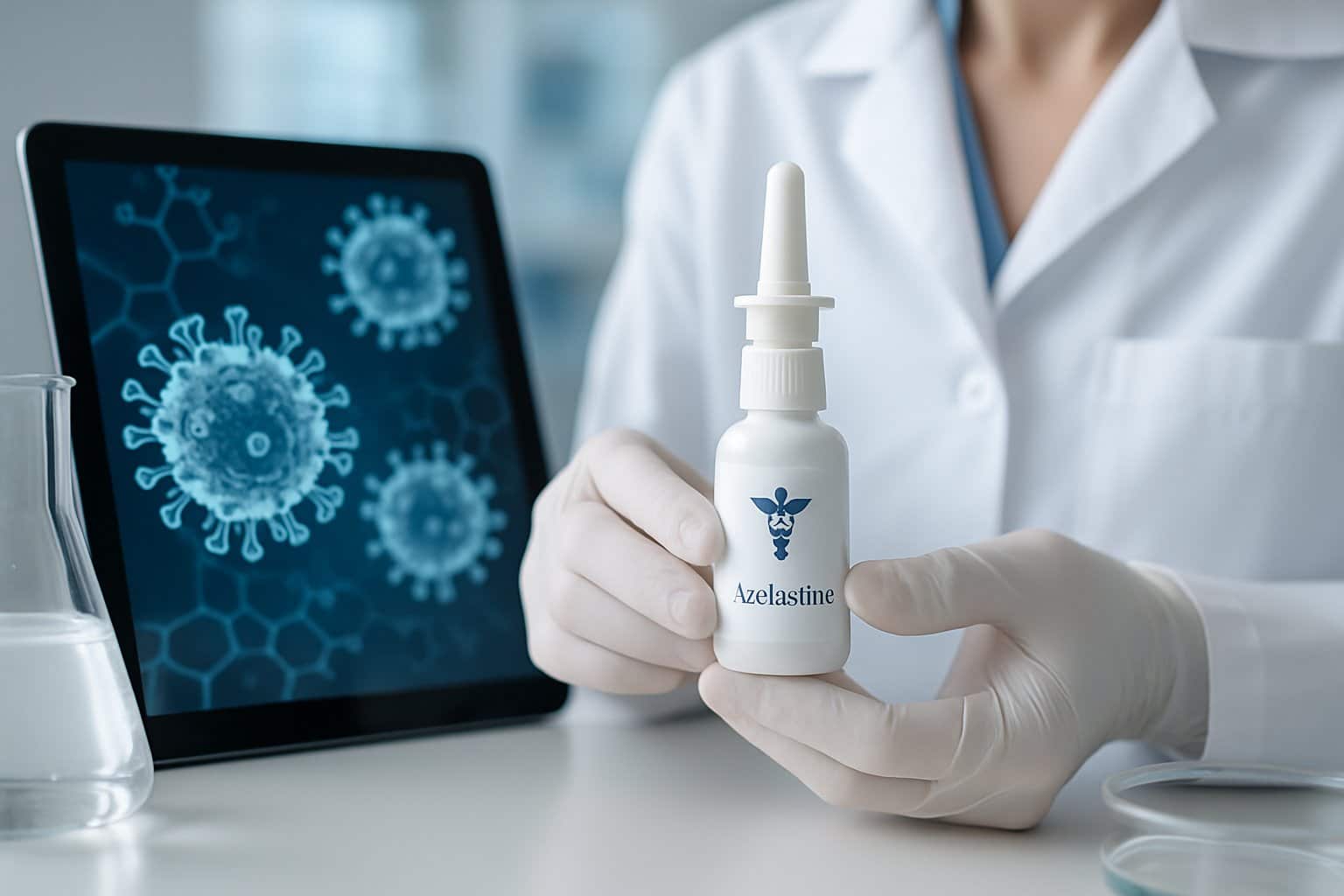 Healthcare professional holding a nasal spray bottle in a modern laboratory with scientific equipment in the background.