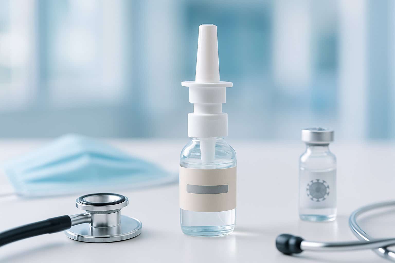 A nasal spray bottle on a white surface surrounded by medical items like a stethoscope, face mask, and a small vial, set in a clean clinical environment.