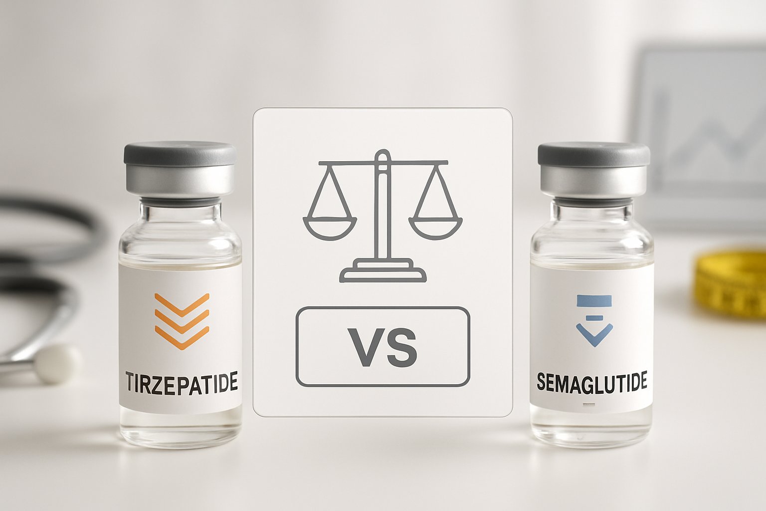 Two medicine bottles placed opposite each other on a white surface with a balanced scale between them, symbolizing a comparison of weight loss drugs.