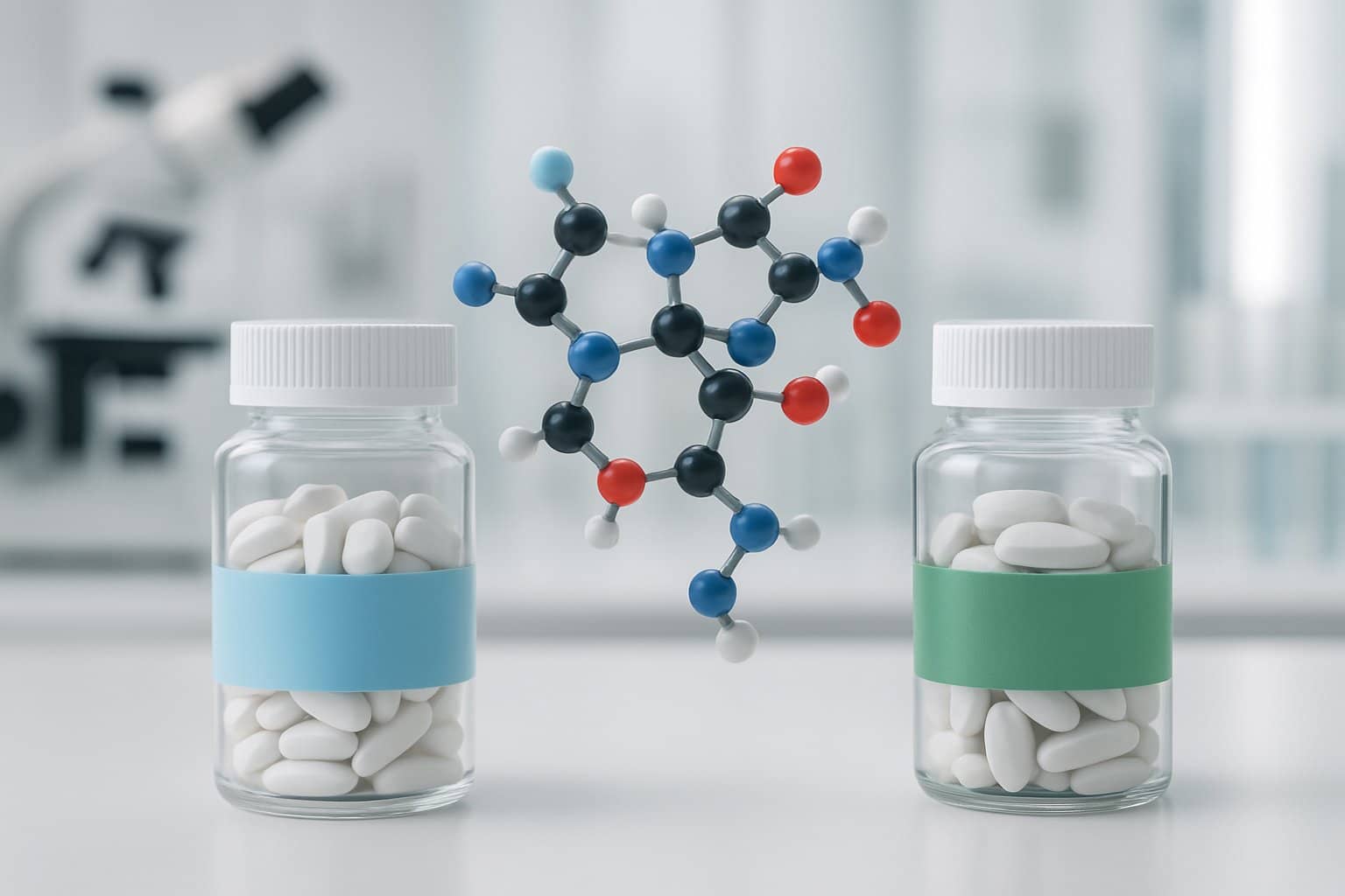 Two pill bottles and a floating molecular model in a laboratory setting representing weight loss drugs Tirzepatide and Semaglutide.
