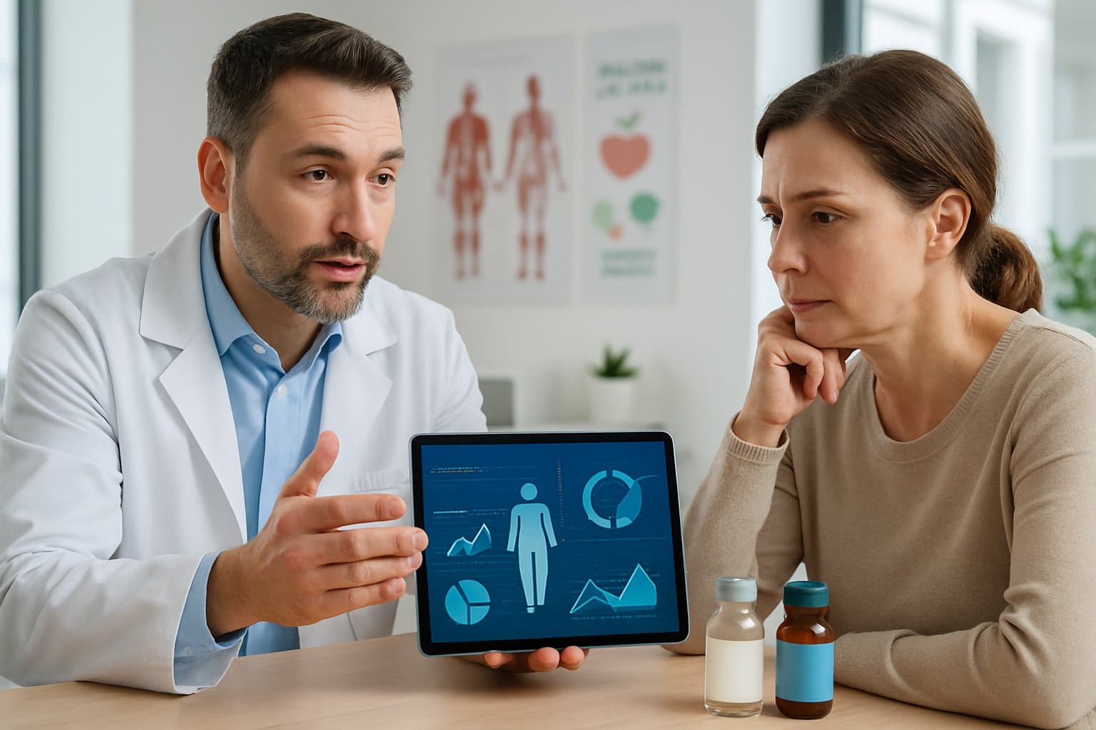 A doctor consulting with a patient in a bright clinic, discussing weight loss treatment options with medicine bottles on the table.