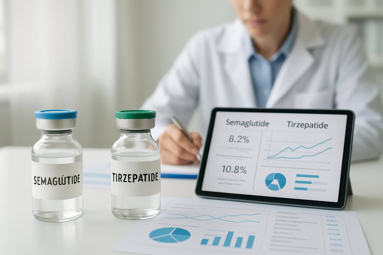Two medicine bottles on a white table with medical charts and a healthcare professional reviewing data in a bright medical office.