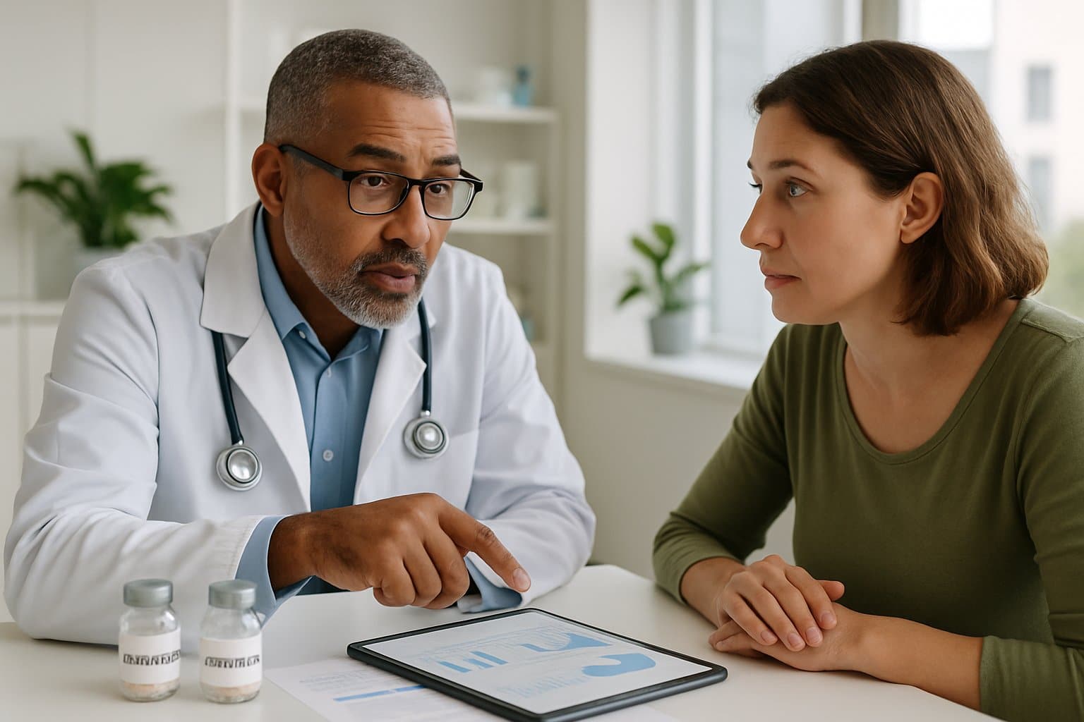 A doctor and patient discuss weight loss medications in a bright medical office with medication bottles and charts on the desk.
