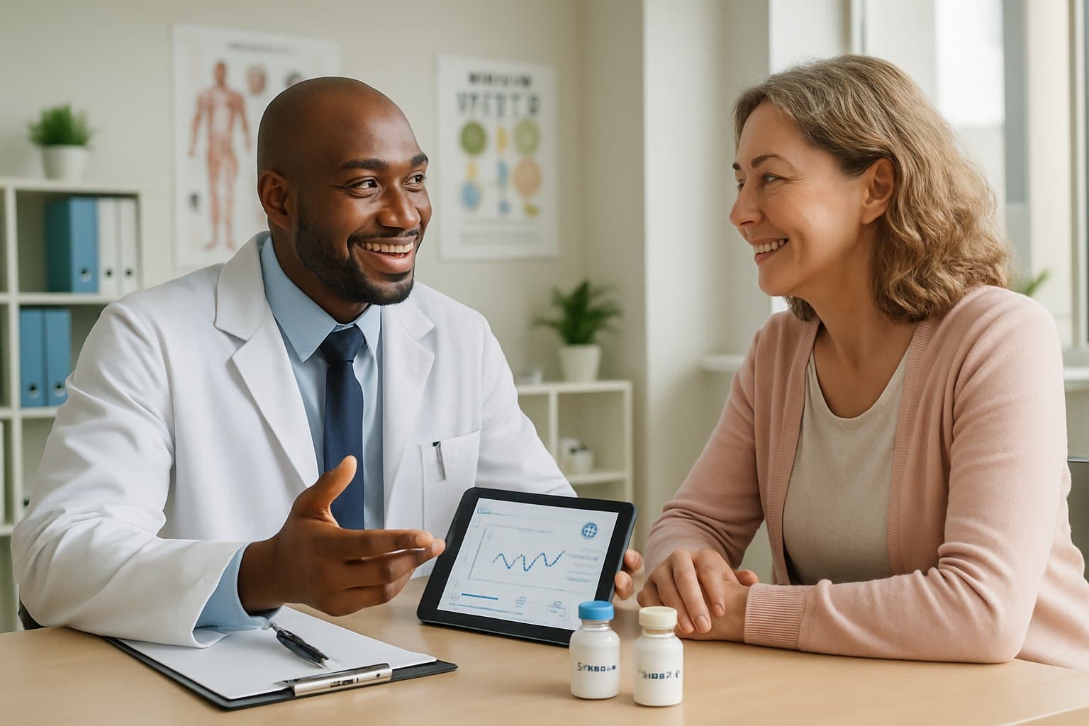 A doctor and a woman patient having a friendly consultation in a bright medical office with medicine bottles on the desk.