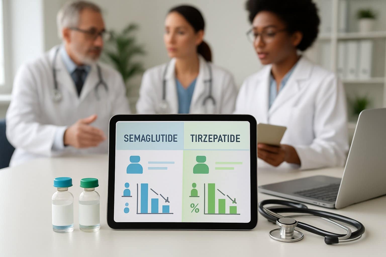 A doctor and pharmacist discussing weight loss medications with medicine bottles and a tablet showing comparison charts on a desk in a bright medical office.