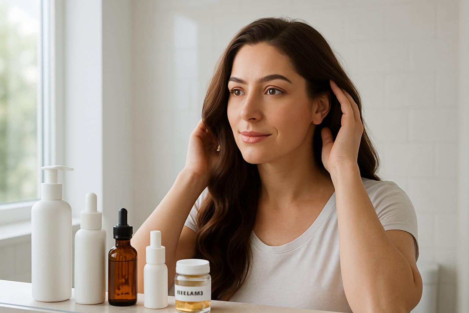 A woman with healthy hair looking at herself in a bathroom mirror with hair care products on the counter.