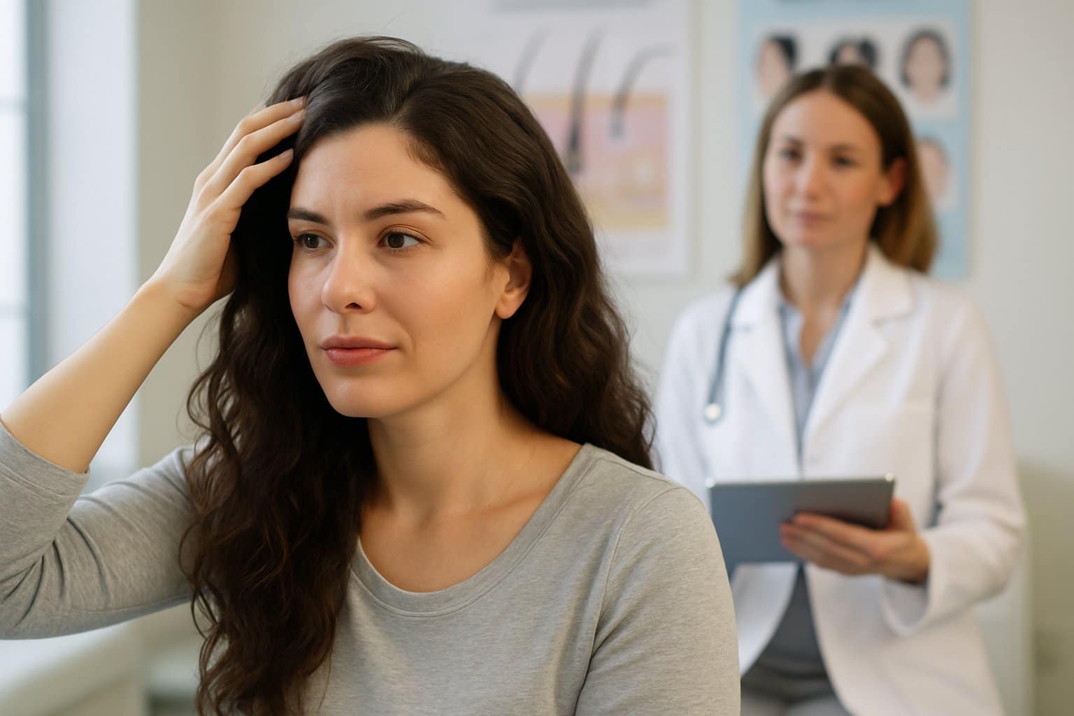 A woman with healthy hair touching her scalp while a female doctor explains hair loss treatment options in a bright clinic.