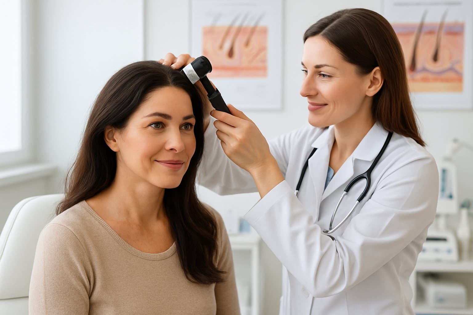 A woman consulting with a dermatologist who is examining her scalp in a modern clinic.