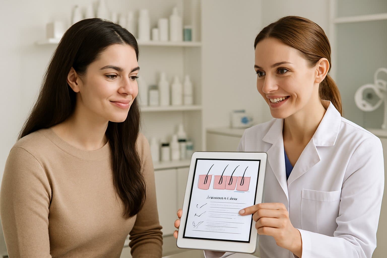 A woman consulting with a female doctor in a medical clinic about hair loss prevention treatments.