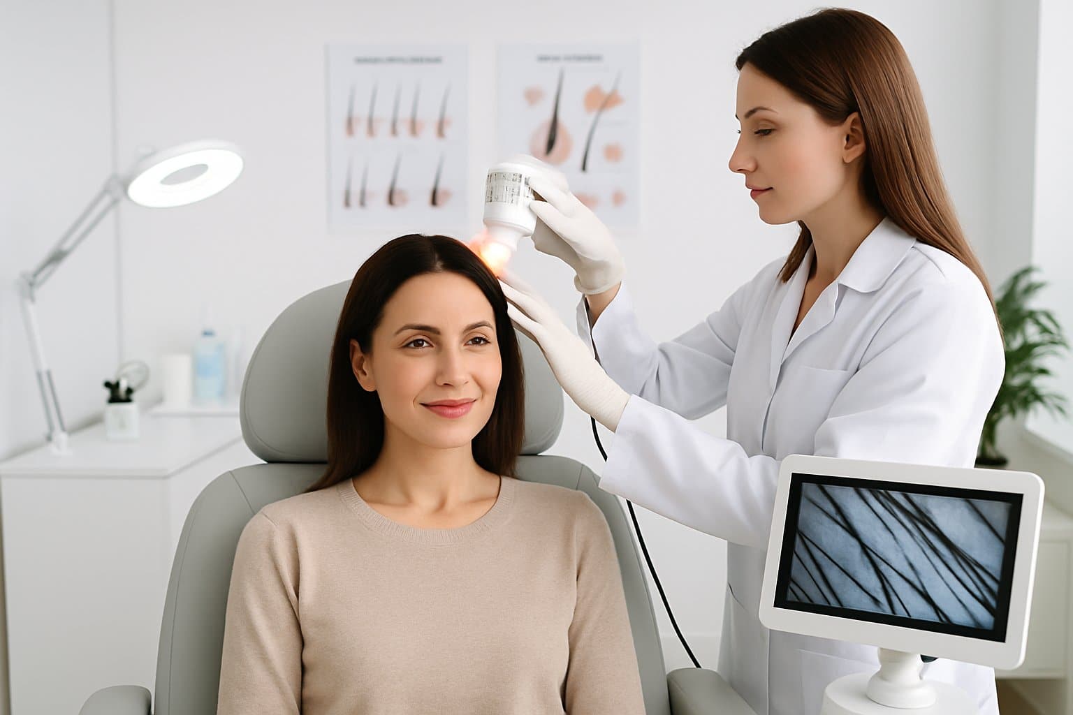 A female patient receiving a hair loss treatment from a female doctor in a modern medical clinic.