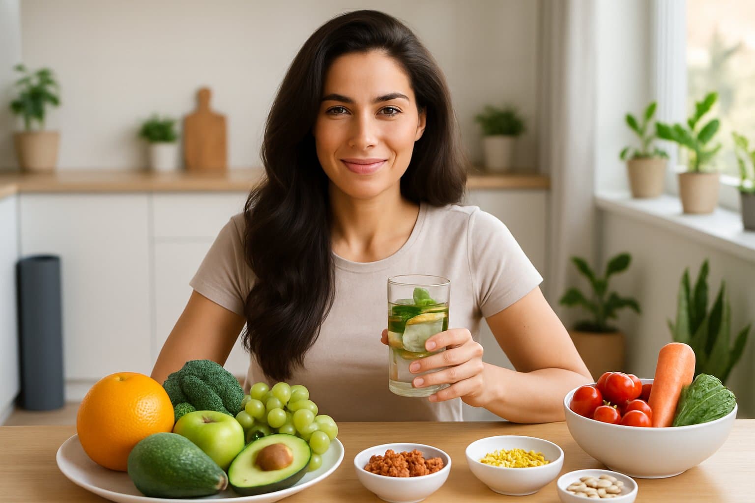 A woman with thick hair sitting at a kitchen table with fresh fruits, vegetables, and supplements, smiling and holding a glass of infused water.