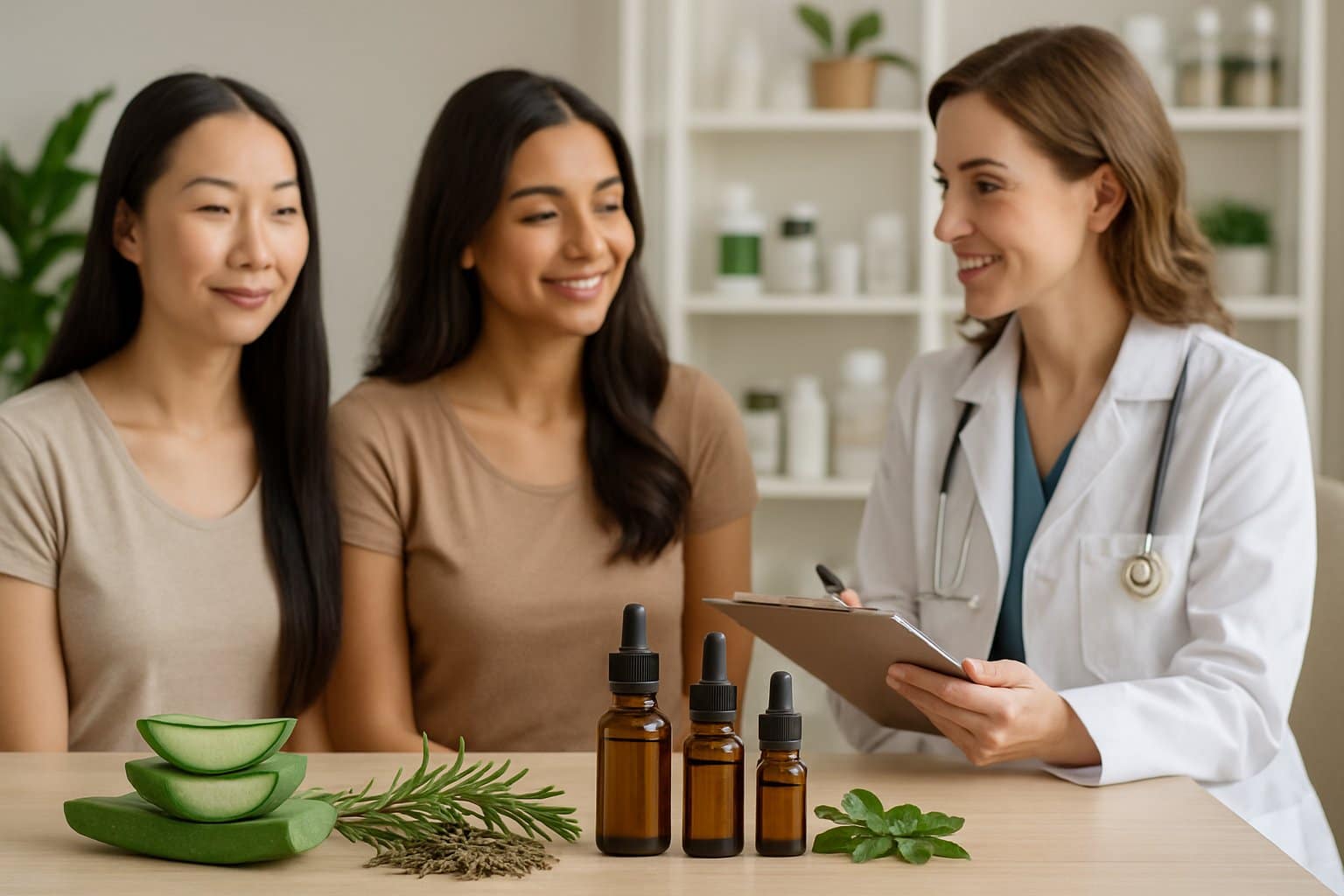 A group of women with healthy hair in a wellness setting, with natural hair care ingredients and a healthcare professional discussing treatment options.