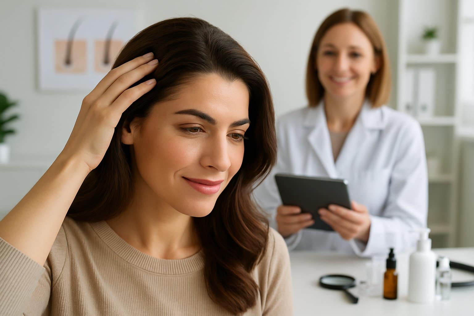 A woman with healthy hair touching her scalp while a female doctor explains hair loss treatments in a clinic.