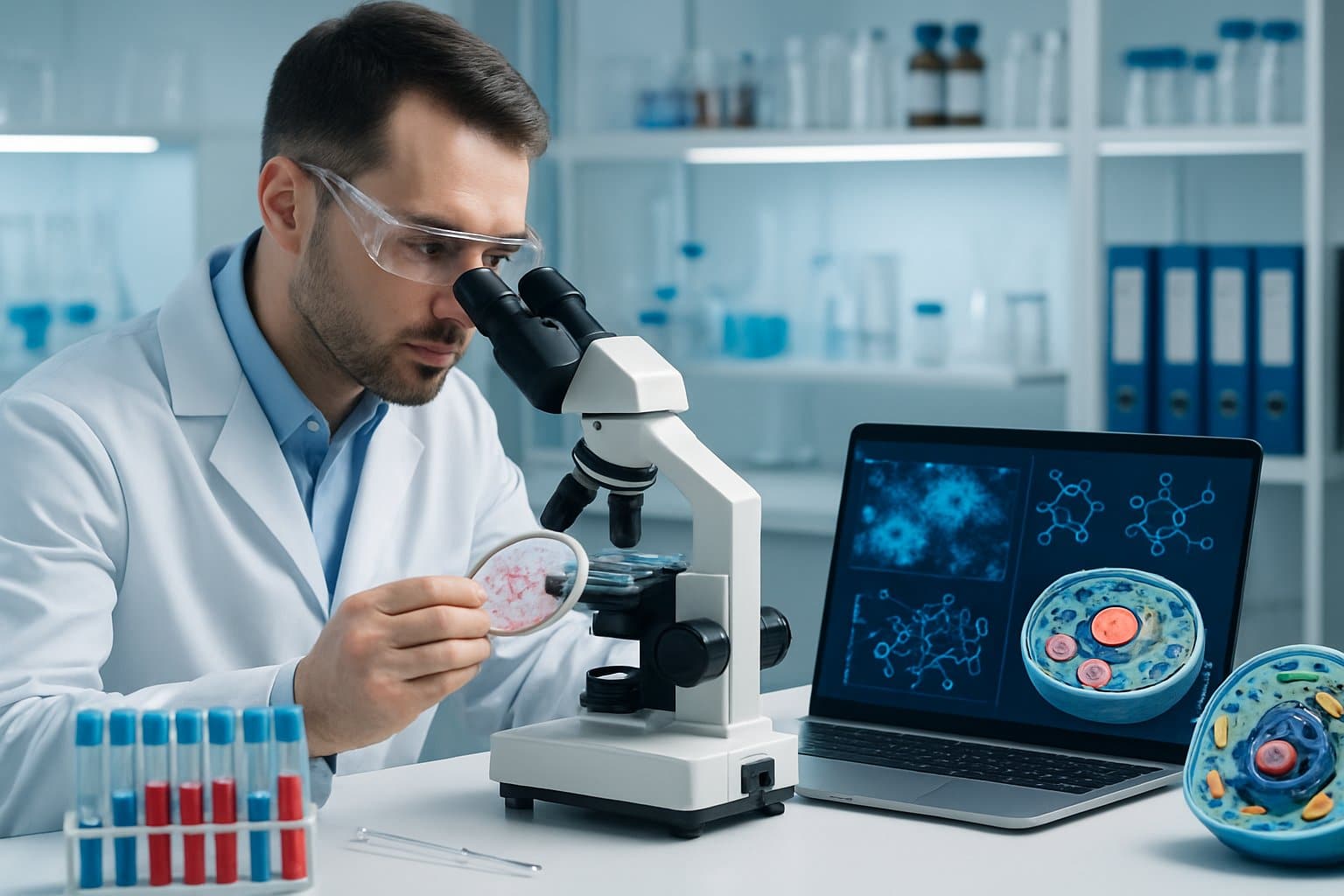 Scientist in a laboratory examining cells under a microscope with scientific equipment and cell models nearby.