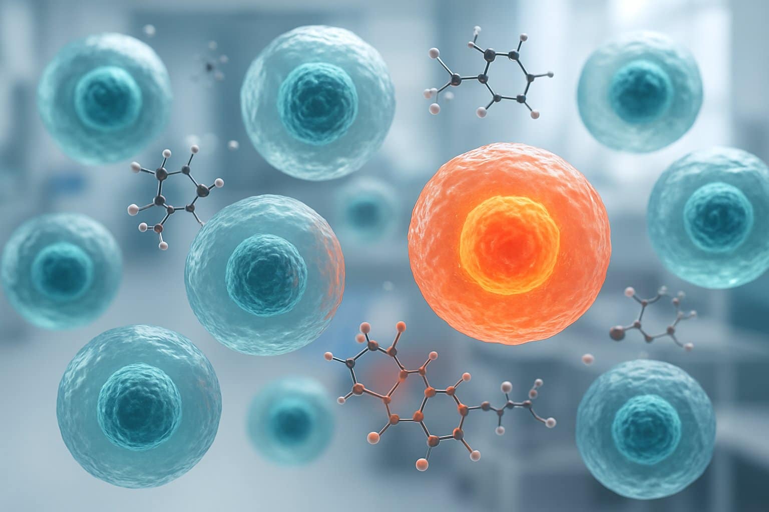 Close-up view of human cells with some cells highlighted to show aging cells being targeted by molecules in a laboratory setting.