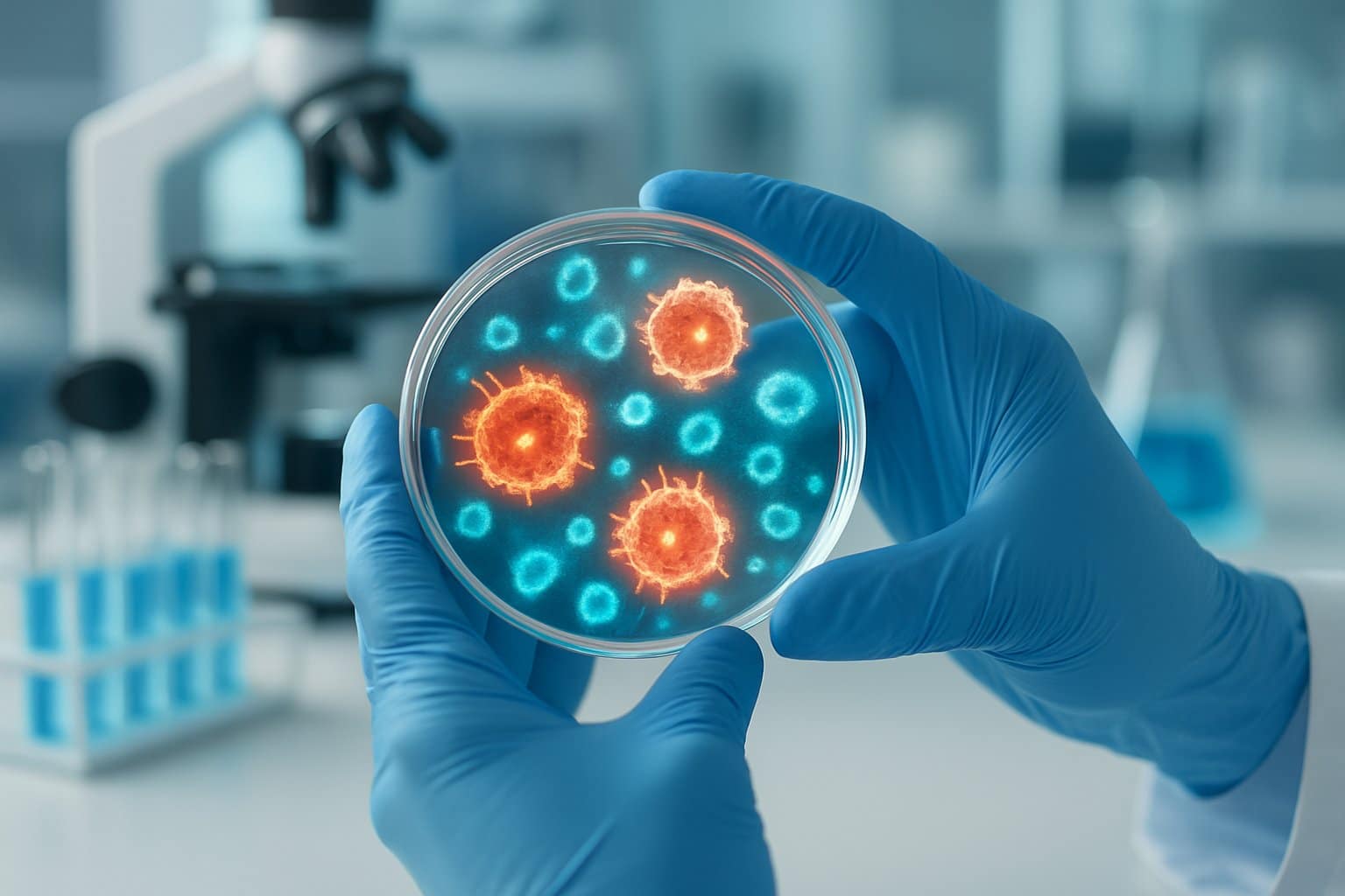 Scientist's hands holding a petri dish with glowing cells in a laboratory setting.