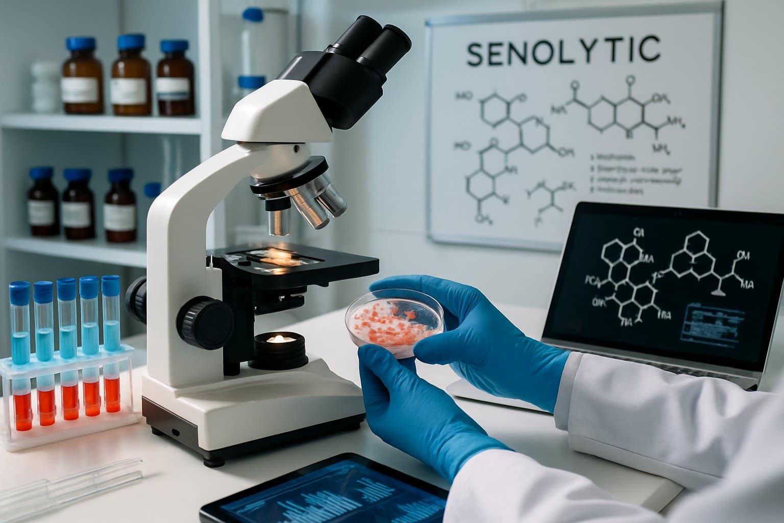 Scientist in a laboratory examining cells under a microscope with scientific equipment and data displays nearby.