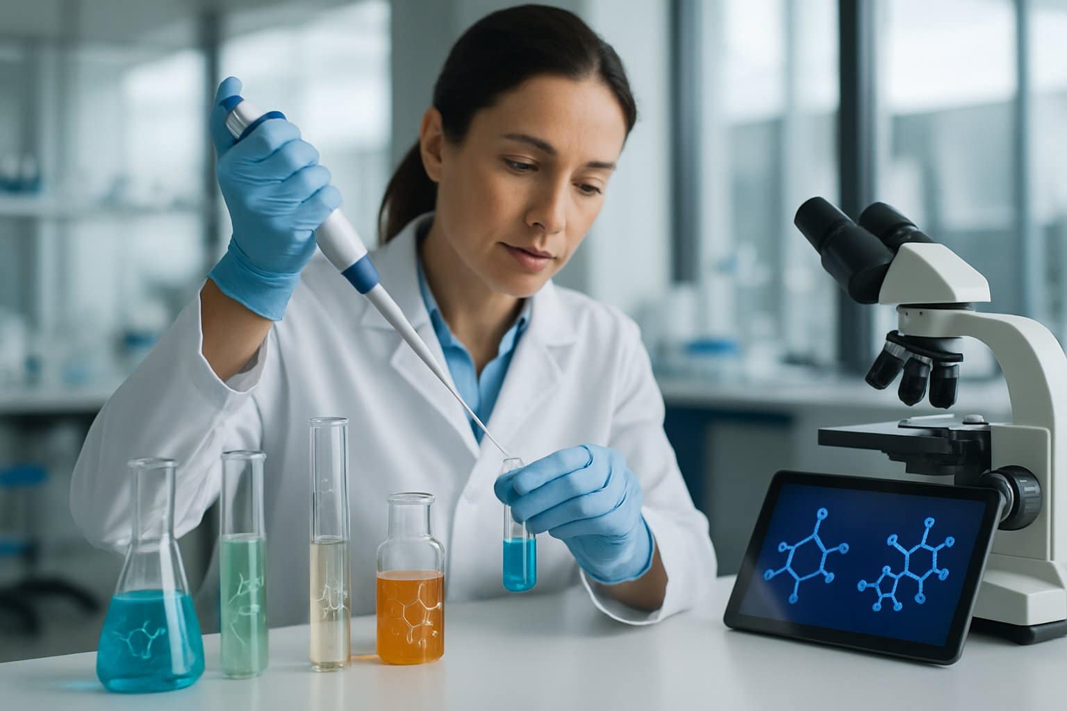 A scientist in a lab coat working with test tubes and scientific equipment in a laboratory focused on anti-aging research.