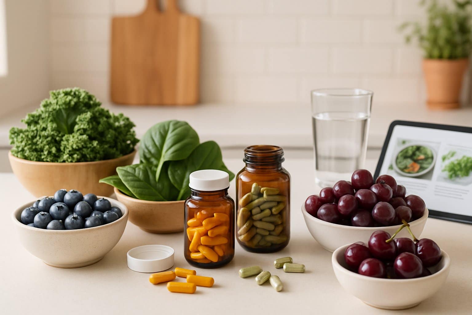 A kitchen countertop with fresh fruits, leafy greens, herbal supplements, a glass of water, and an open book, representing natural dietary approaches for health.