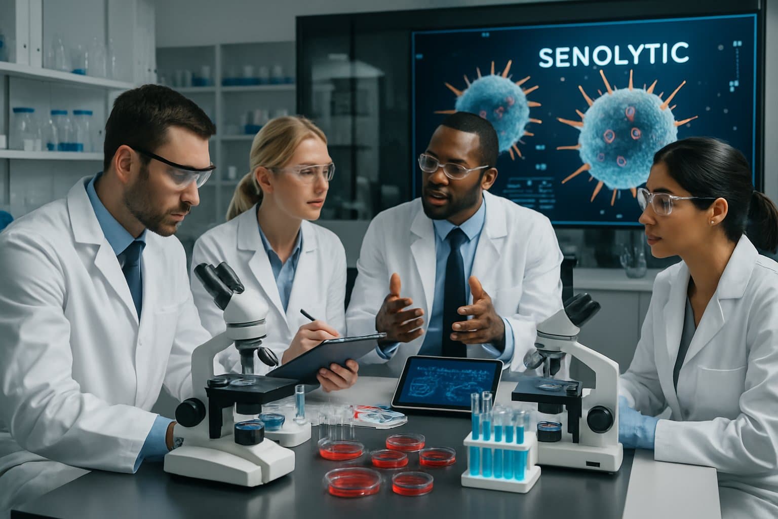 Scientists in a laboratory collaborating around equipment and digital displays related to cellular research.