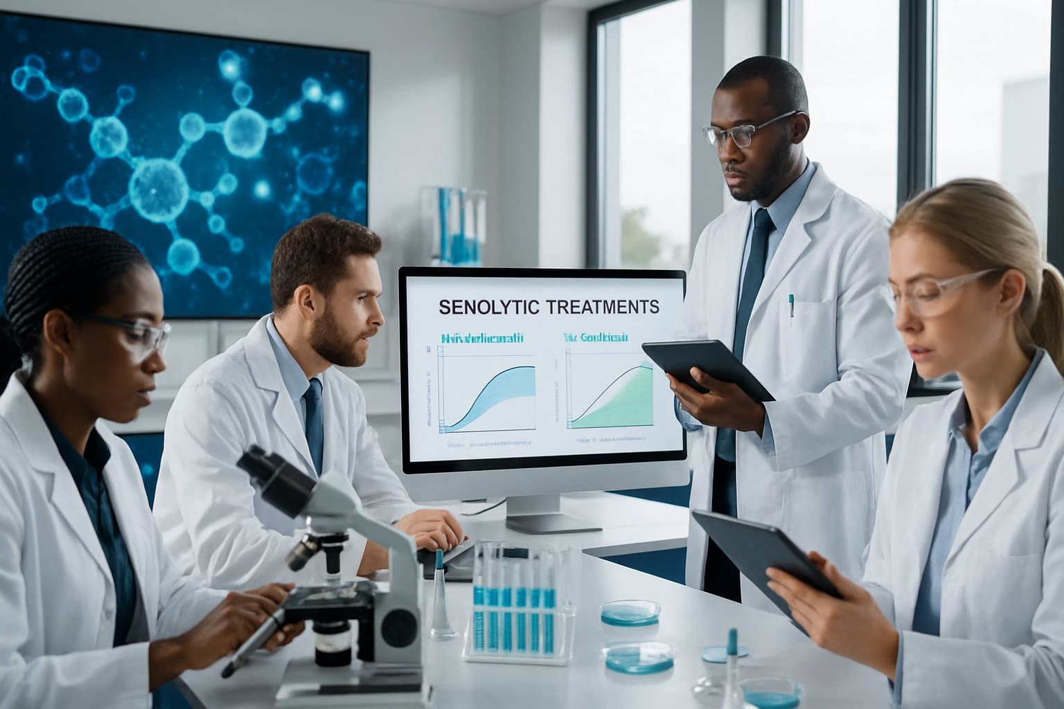 Researchers in a bright laboratory analyzing data on tablets and computers with scientific equipment on workbenches.