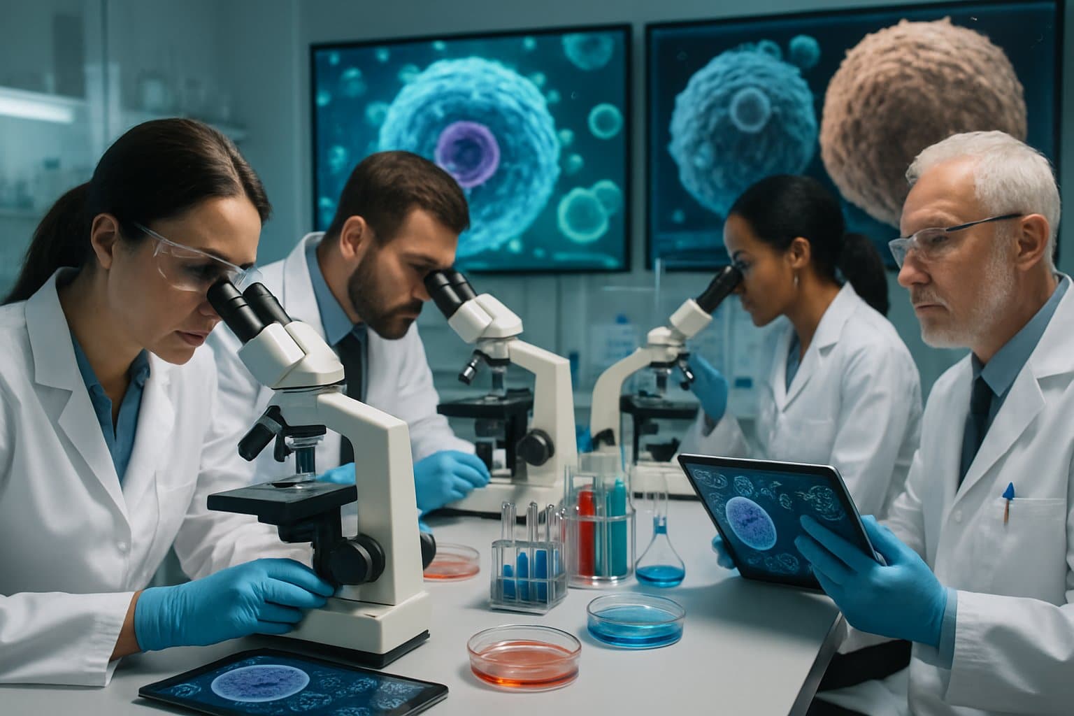 Scientists in a laboratory examining cellular samples and molecular models on screens, focused on cellular health research.