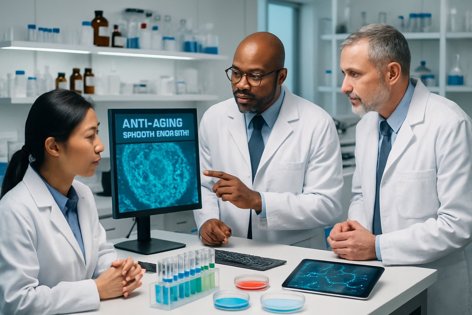 Scientists in a laboratory examining data and chemical samples related to anti-aging research.