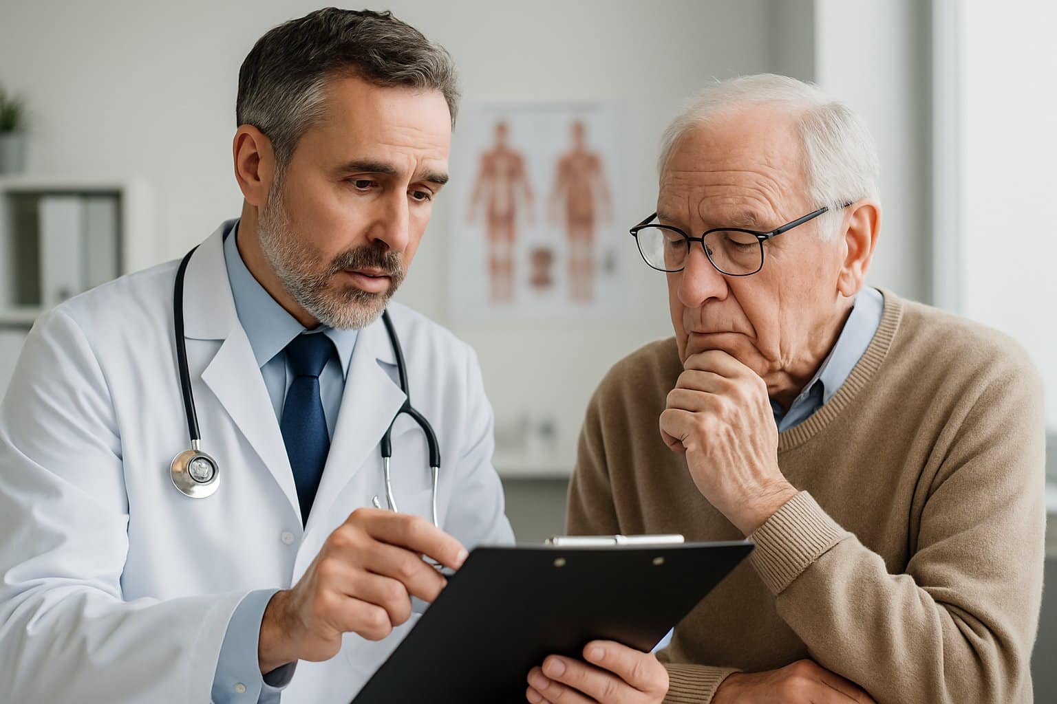 A doctor discussing health concerns with an elderly patient in a medical office.