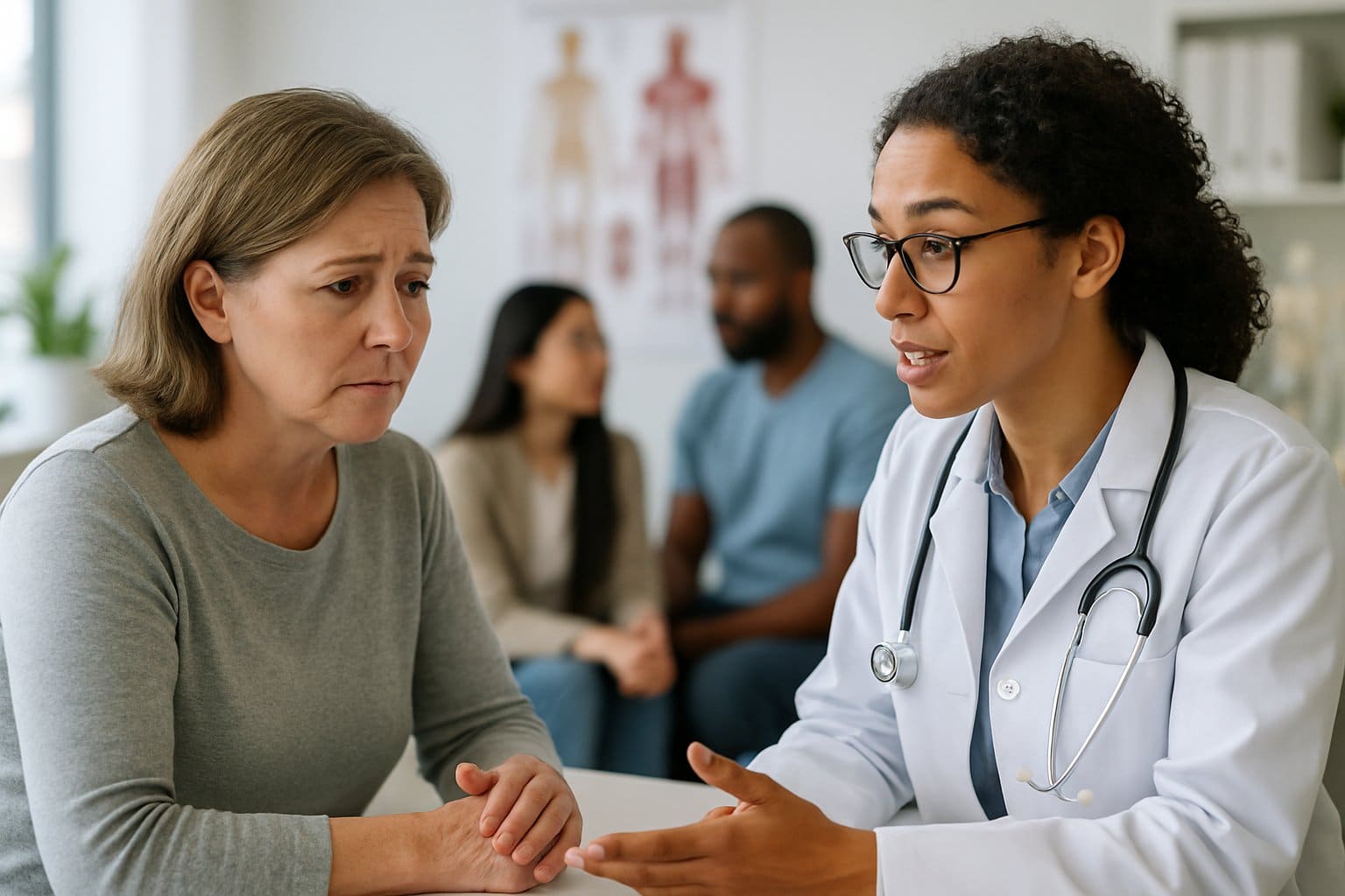 A doctor speaking with a concerned woman in a medical office while other patients wait in the background.