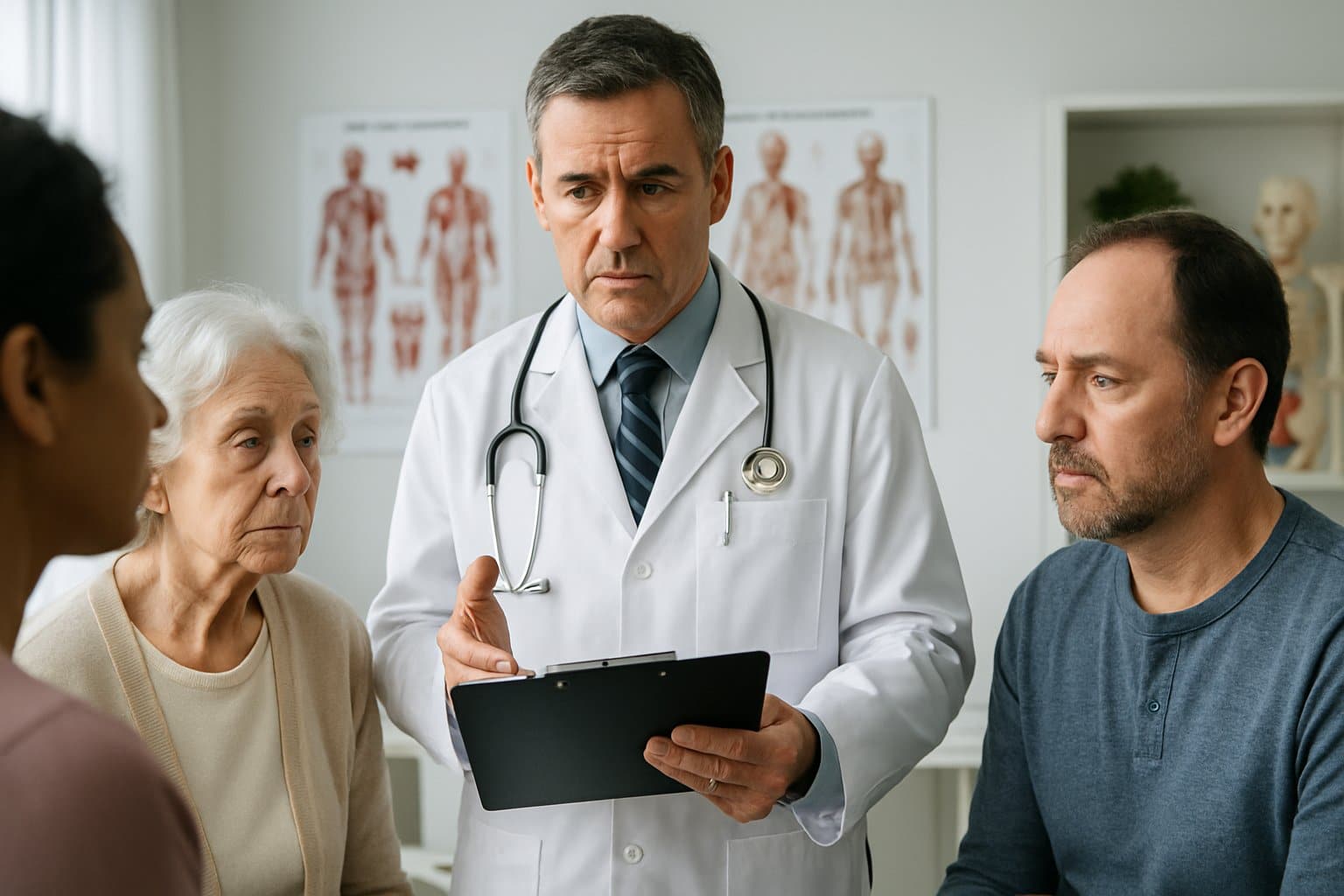 A doctor discussing medication risks with a group of adult patients in a medical office.