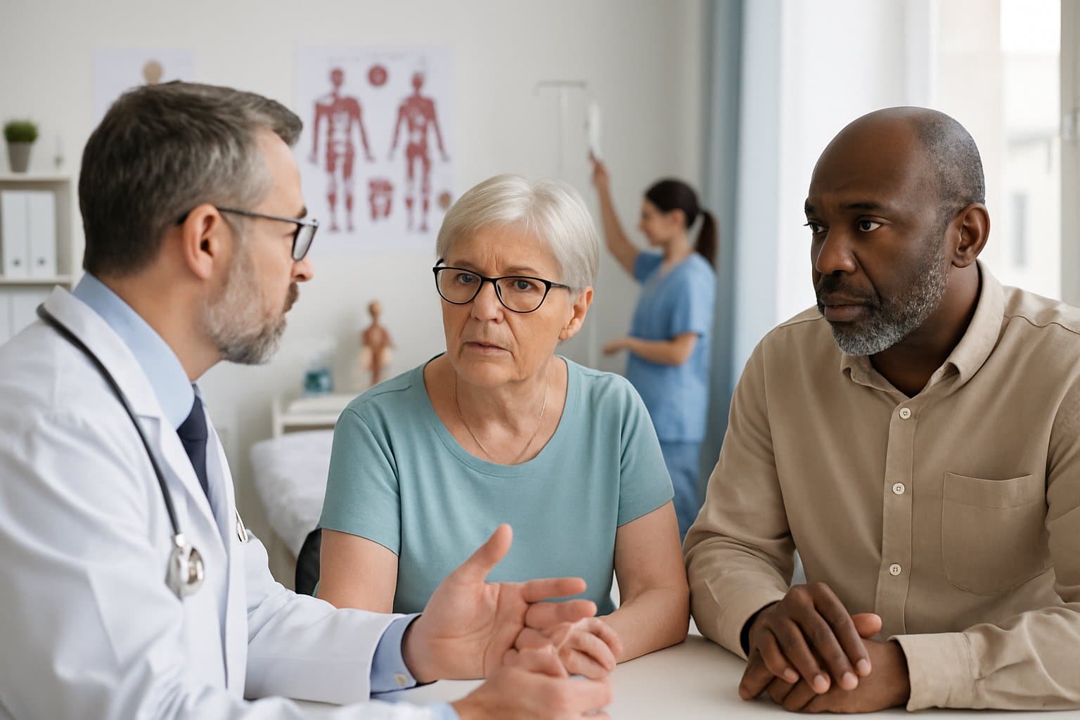 A doctor consulting with an elderly woman and a middle-aged man in a medical setting while a nurse prepares equipment nearby.