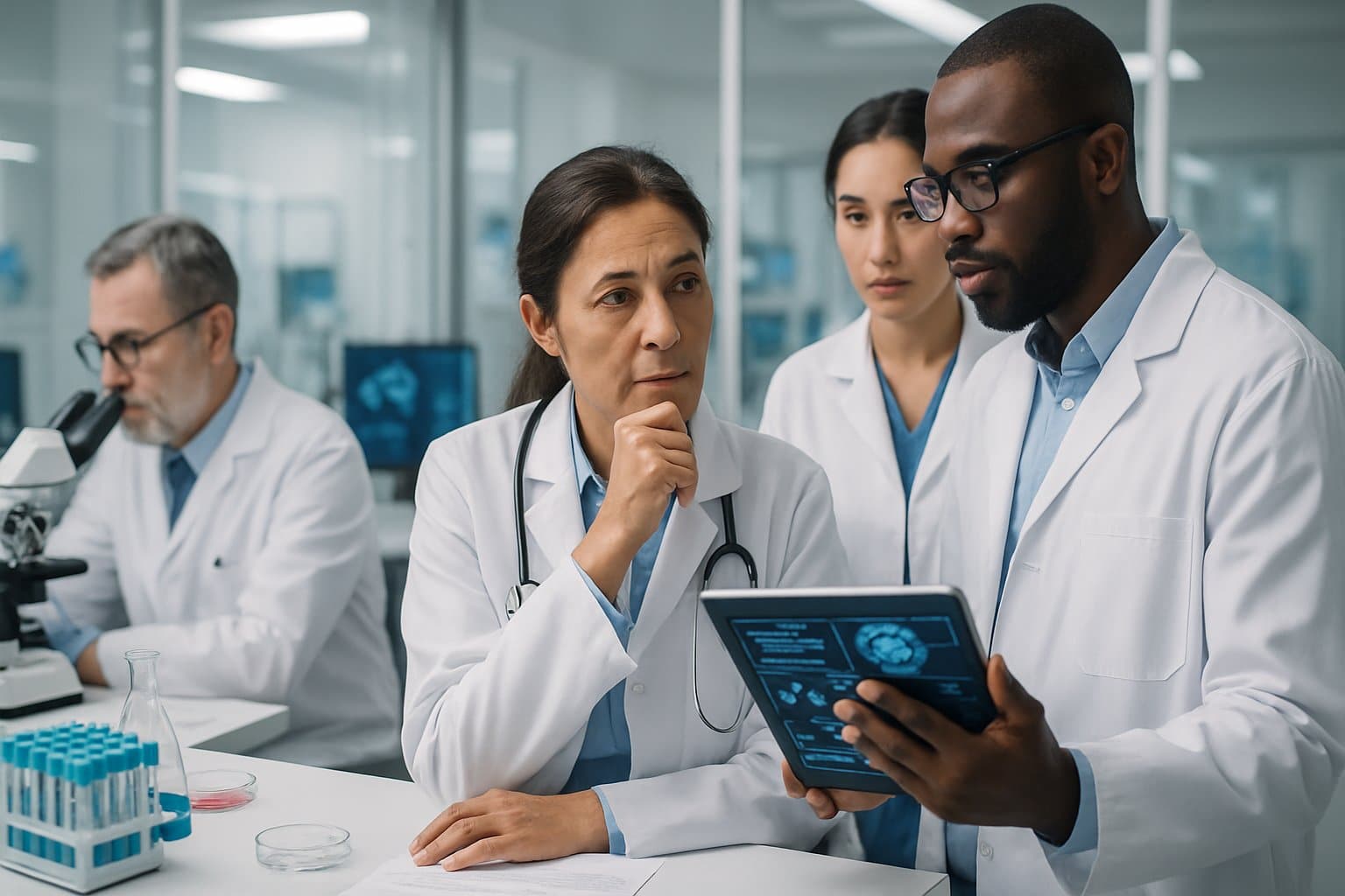 Medical professionals discussing research in a laboratory with scientific equipment and computer screens.