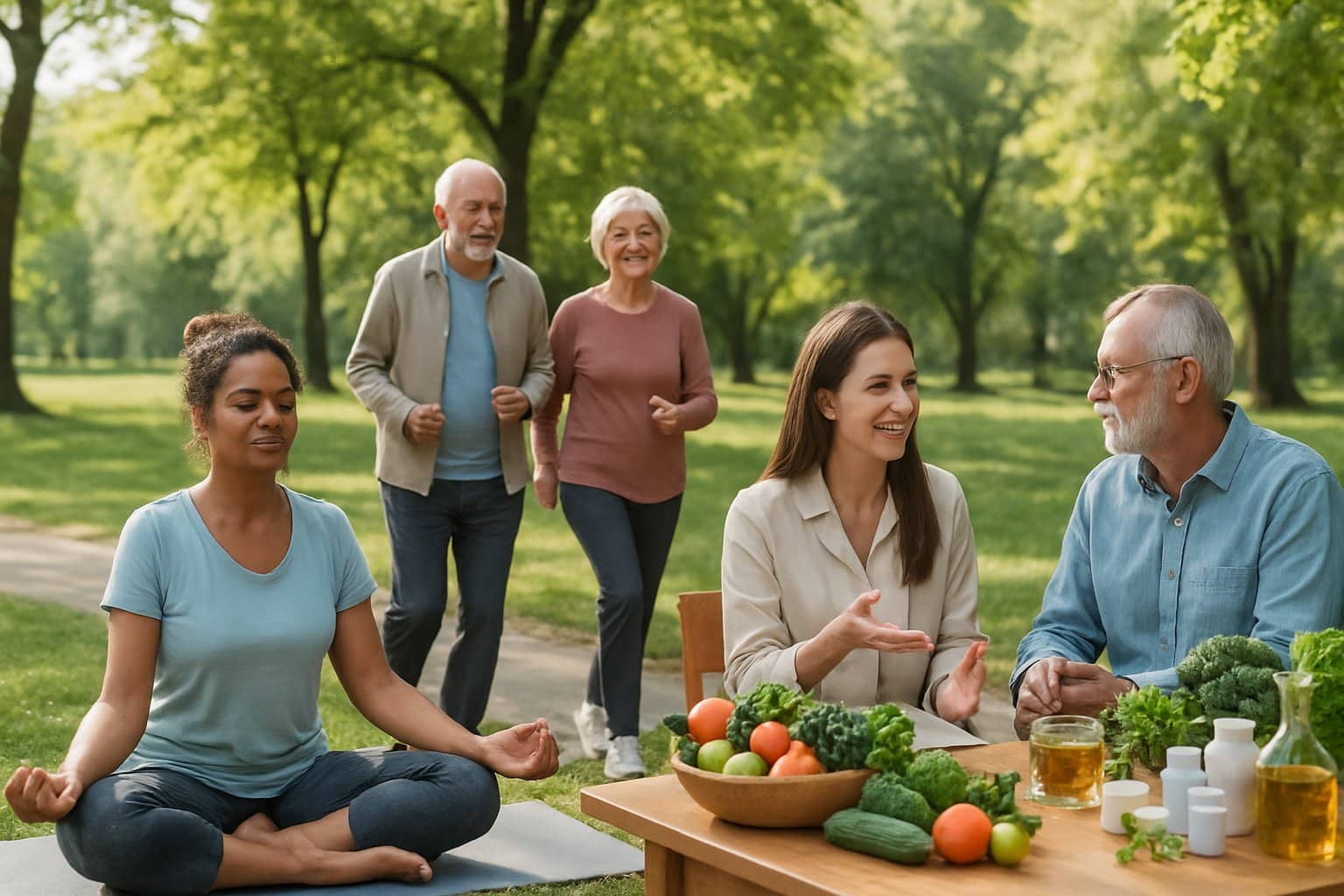 A diverse group of middle-aged and elderly people exercising, consulting about nutrition, and enjoying healthy foods outdoors in a sunny park.