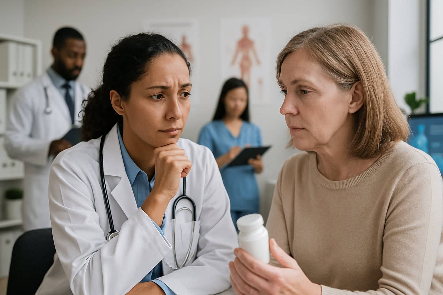 A female doctor consulting with a middle-aged patient in a modern medical office, discussing health concerns.