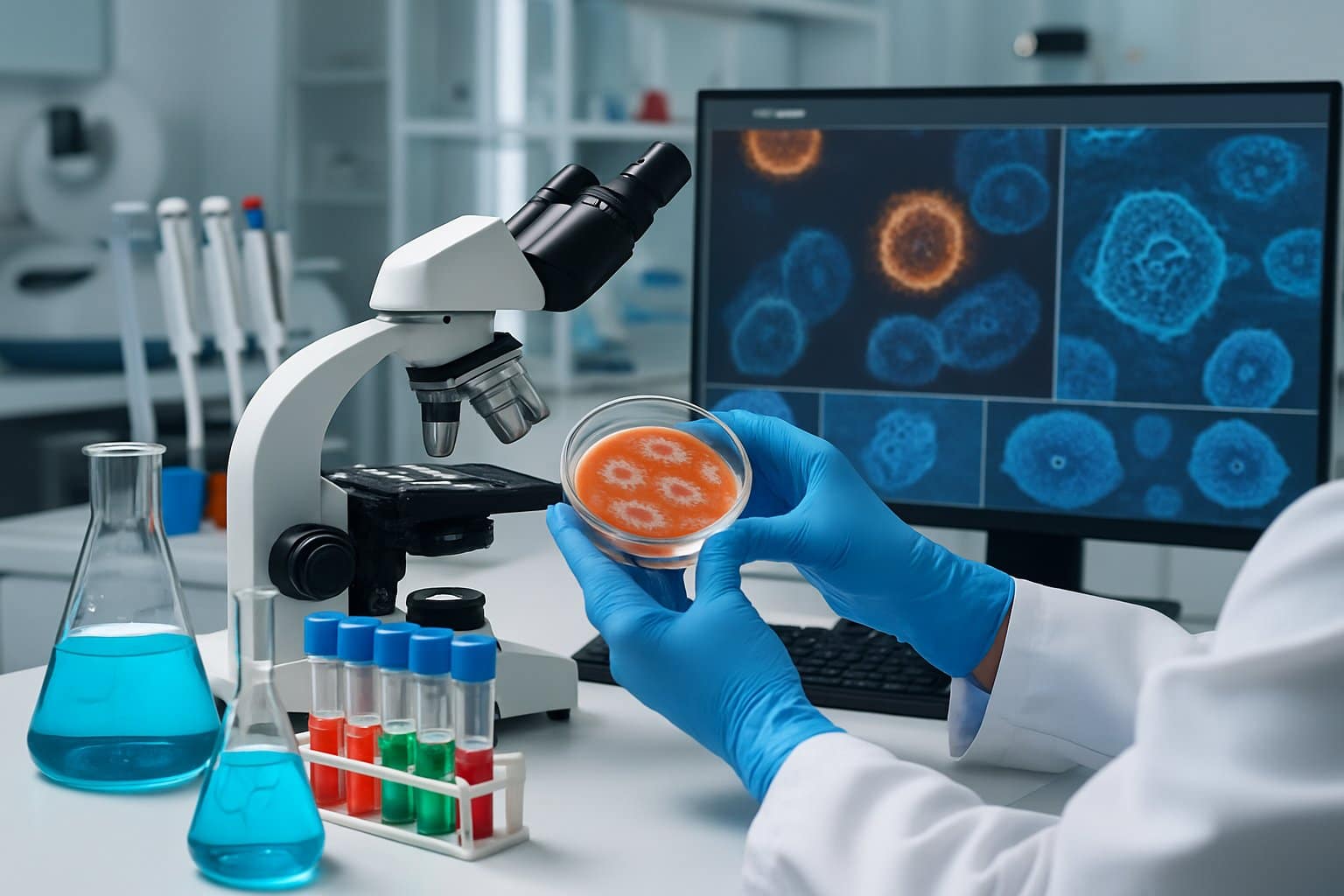 Scientist in a lab coat examining cells under a microscope in a modern laboratory with scientific equipment and colorful liquids on the bench.