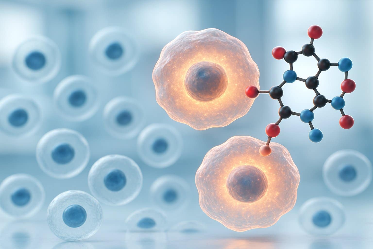Close-up view of human cells under a microscope showing aged senescent cells and a drug molecule interacting with them in a laboratory setting.