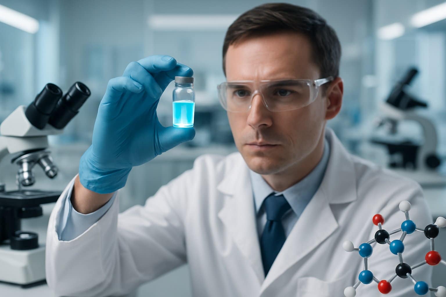 Scientist in a laboratory holding a vial with glowing blue liquid surrounded by microscopes and molecular models.
