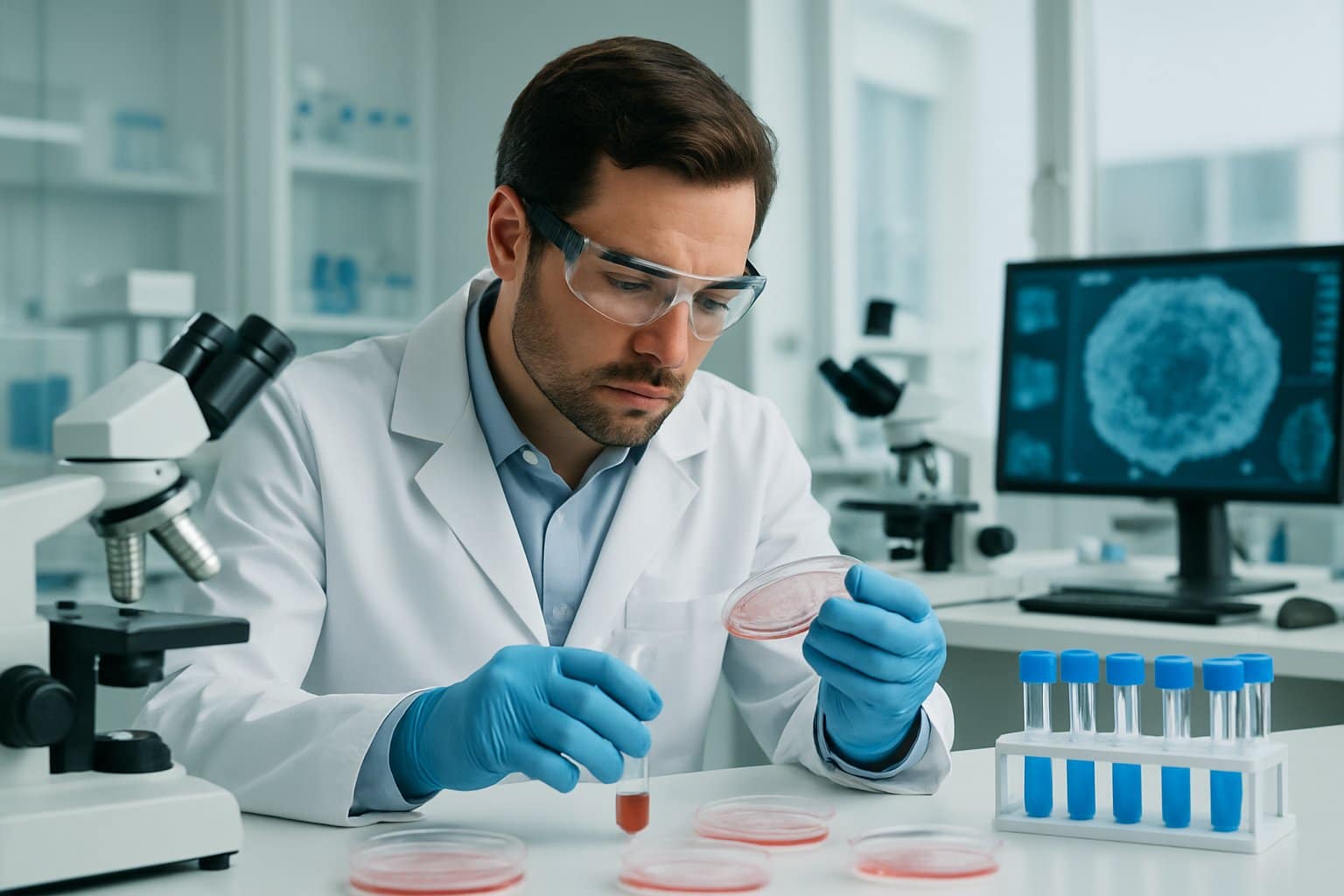 Scientist in a lab coat examining cell cultures in a modern clinical research laboratory with microscopes and computer monitors in the background.