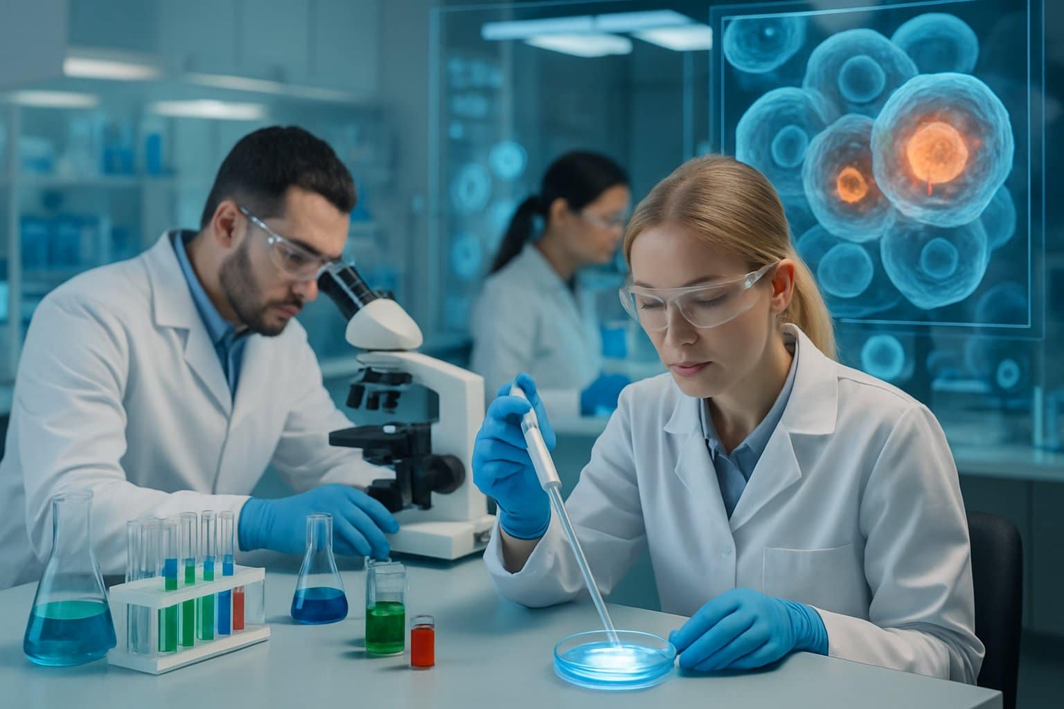 Scientists in a laboratory working with microscopes and test tubes, demonstrating research on targeting and eliminating senescent cells.