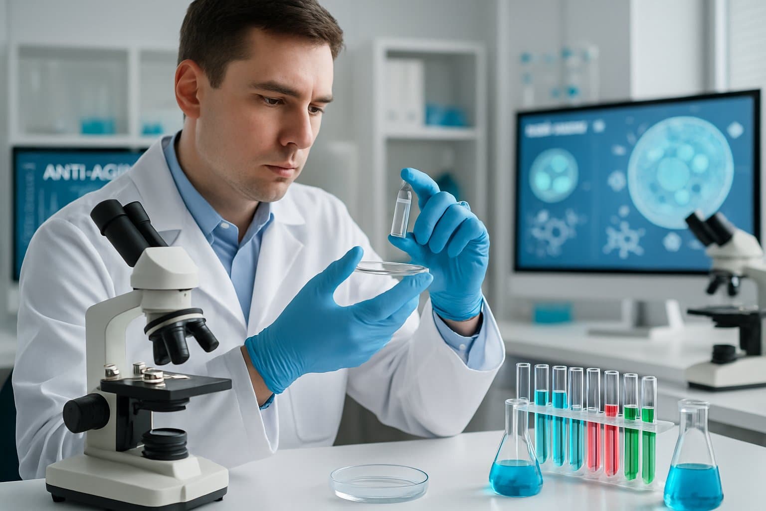 Scientist in a laboratory handling a vial with lab equipment and molecular models in the background.