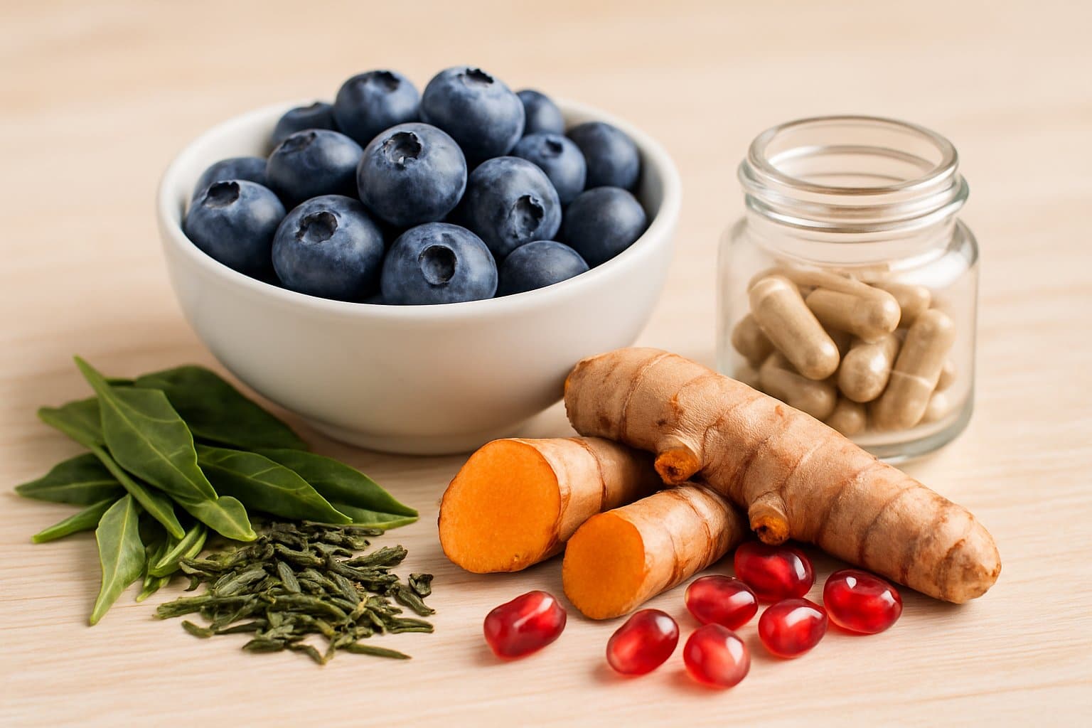 Close-up of fresh blueberries, green tea leaves, turmeric root, pomegranate seeds, and herbal capsules arranged on a wooden surface.