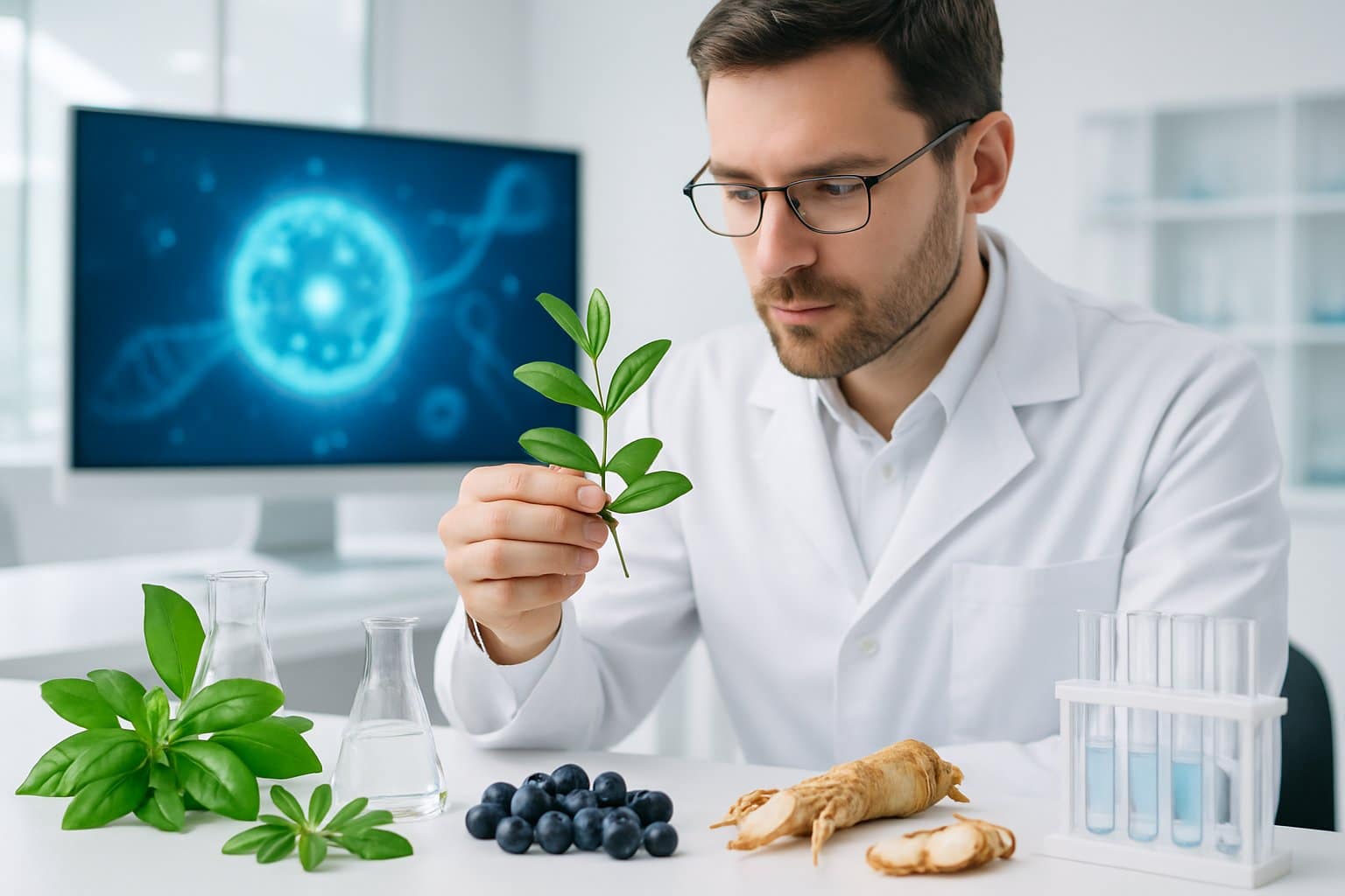 A scientist in a lab coat examines fresh plants and herbs with scientific glassware on a table, with a digital screen showing abstract cellular graphics in the background.