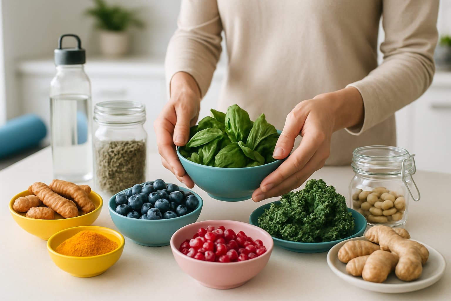 A kitchen countertop with fresh turmeric, blueberries, leafy greens, pomegranate seeds, ginger, herbal teas, and a person arranging the foods, with a yoga mat and water bottle in the background.