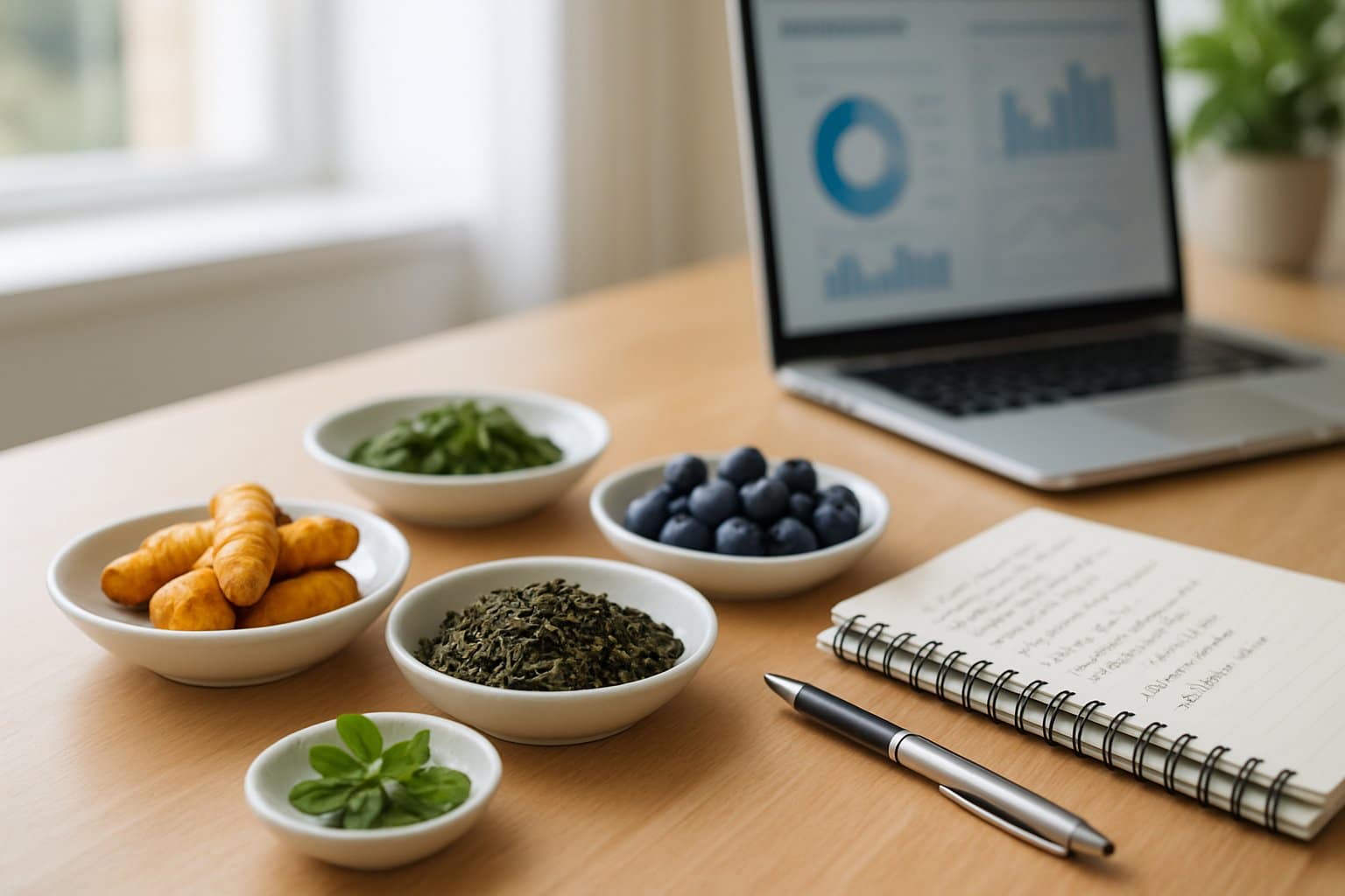 A workspace with natural ingredients like turmeric, green tea, and berries arranged on a desk alongside a notebook and a laptop displaying health charts.