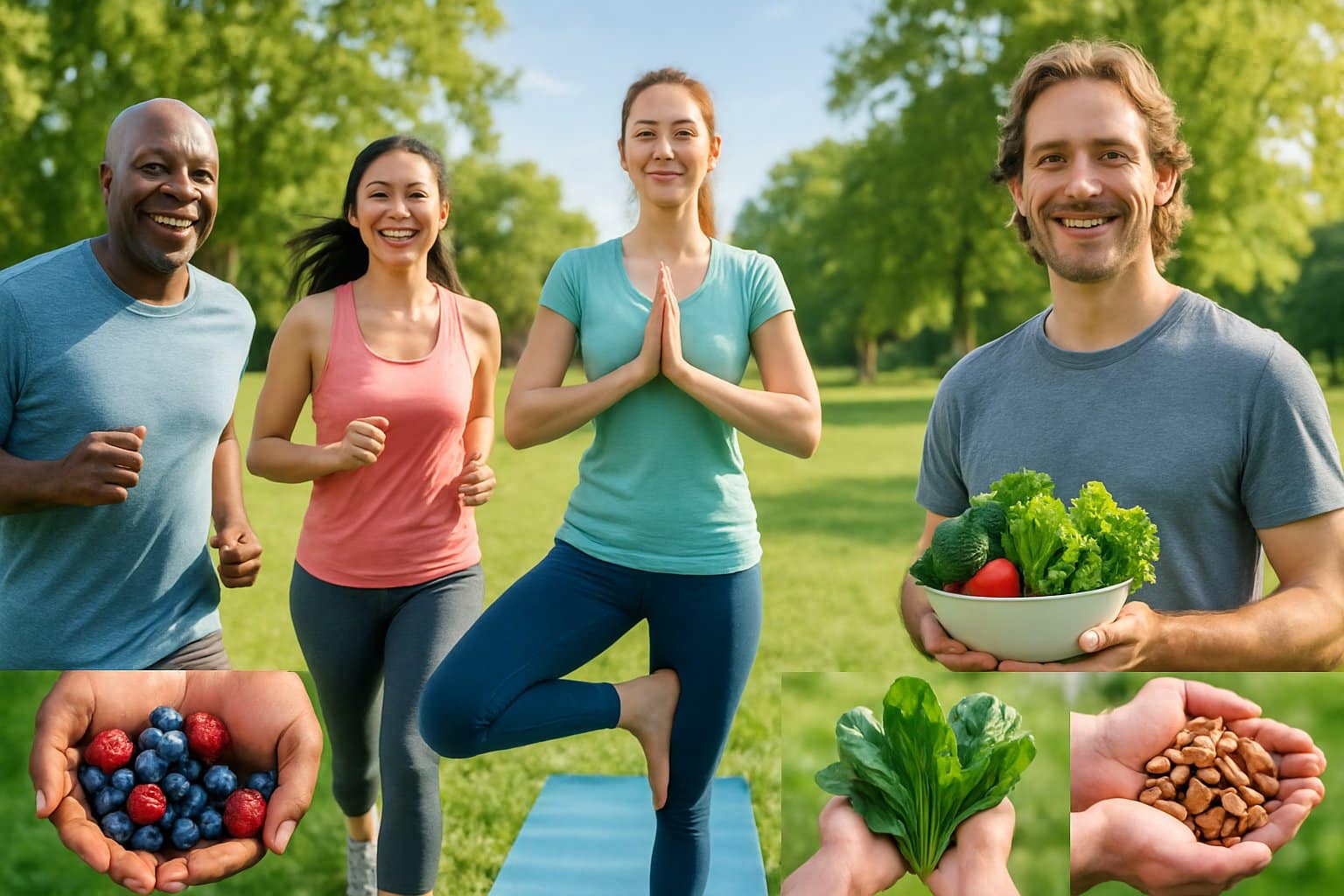 People exercising and eating fresh fruits and vegetables outdoors in a sunny park.